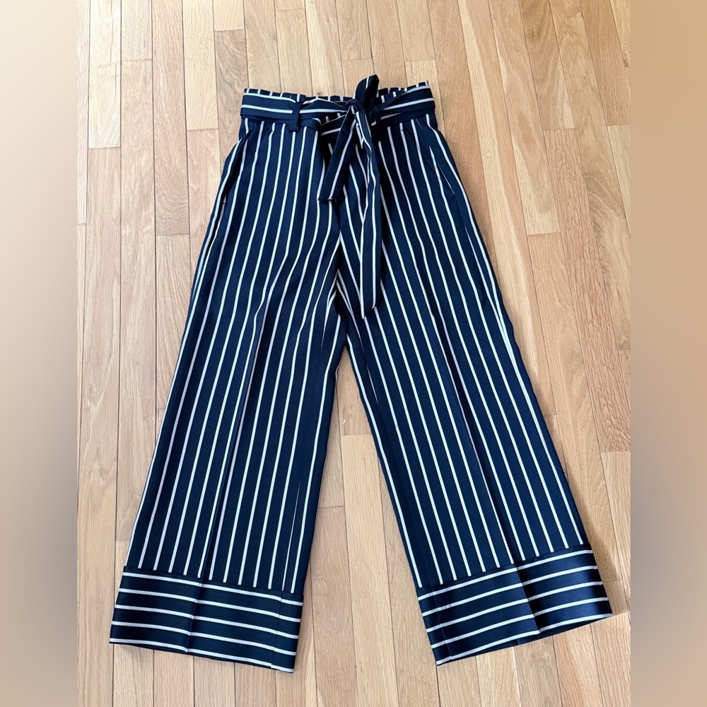 Banana Republic Blake Crop Navy and White Striped Wide-Leg Pants with pockets